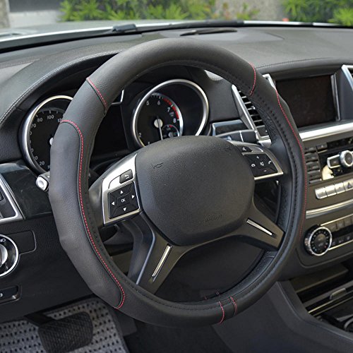 Image of Motor Trend GripDrive Faux Black Leather Steering Wheel Cover for Car Truck Van SUV, Standard 15 inch Size, Red Accent Stitched Car Steering Wheel Cover Vehicle & Auto Accessories