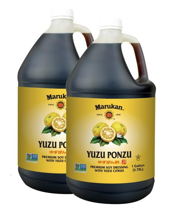 Marukan Yuzu Ponzu - Aderezo de soja prémium con cítricos Yuzu para albóndigas y calcomanías de maceta, salsa Ponzu sin gluten (1 galón, 2 unidades)