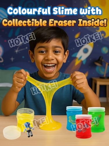 Image of HOTKEI Mystery Space Slime for Kids 3 to 10 Years Stretchable Slime with Surprise Mystery Space Eraser Inside Soft Non-Sticky DIY Slimy Fun Toy Birthday & Return Gift for Kids Girls & Boys Pack of 4