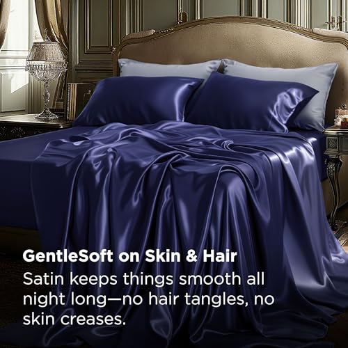 Image of Bedsure Navy Satin Sheets Full Size, Soft Silky Bedsheets for Hair & Skin | Similar to Silk Bed Sheets Set 4 Piece with 15 Inches Deep Pocket Fitted Sheet,1 Flat Sheet, 2 Satin Pillowcases
