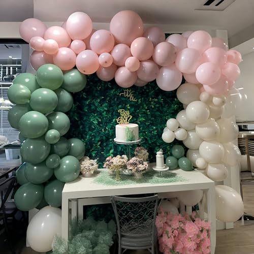 Image of Retro Pink and Sage Green Balloons, Olive Green Pale Pastel Pink Cream White Clear Transparent Balloon for Fairy Tea Party, Floral Balloons as Baby Shower Wedding Nutcracker Birthday Party Decoration