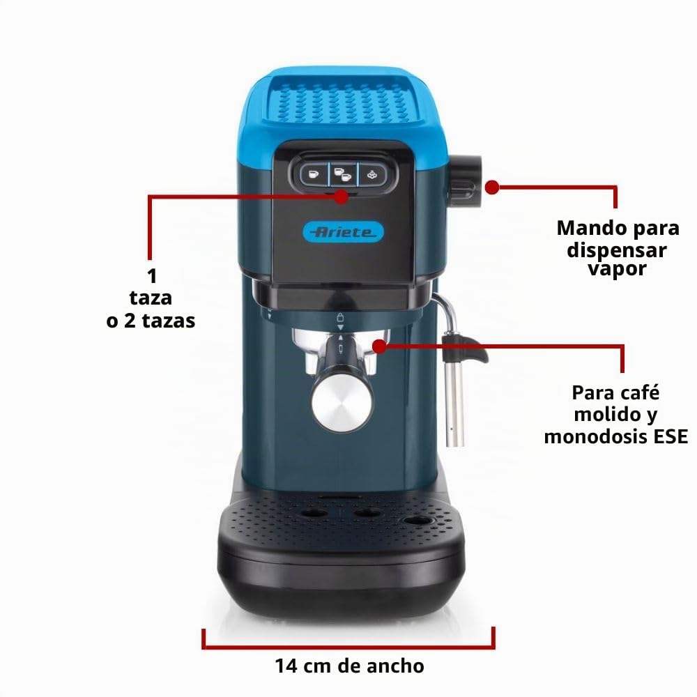Ariete 1399 Máquina de café espresso, para polvo y almohadillas ESE, 1300 W, capacidad de 1,1 l, presión de 15 bar, filtro 1, 2 tazas y almohadillas ESE, capuchino