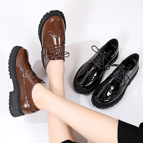 Image of Womens Vintage Oxford Shoes Platform Lace-up Round Toe Patent Leather Brogues Casual Oxfords for Girls Ladies Women