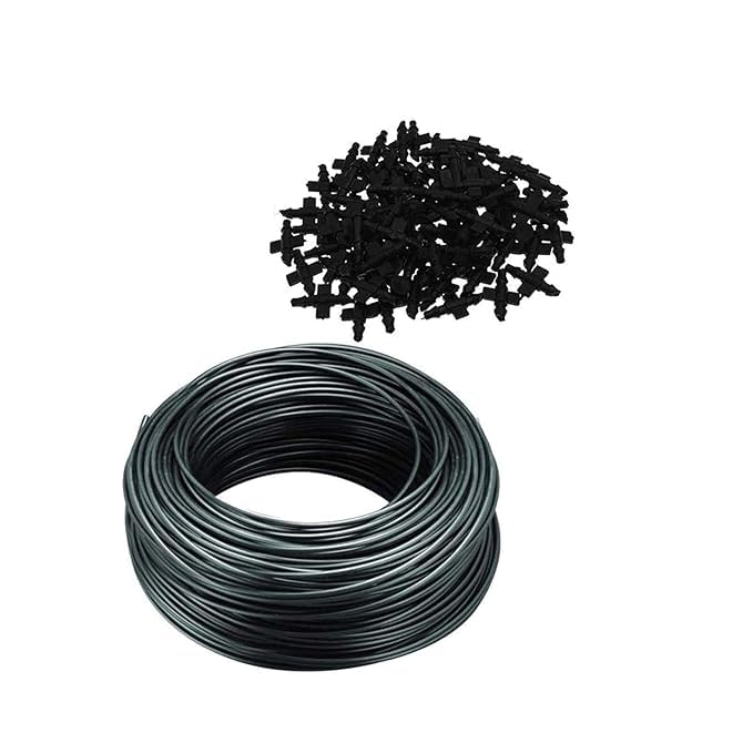 Drip Irrigation Kit Accessories - 4mm Feeder Line Pipe Connector, Pin Connectors (120 Pieces), 30 m Black Pipe for Watering Home Garden Plants