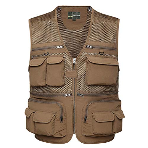 LucaSng Herren Multi-Taschened Netzweste Freizeit Jacken Fischerjacke Outdoor-Aktivitäten Taktisch Anglerweste Jagd und Angler Camping Fotografie Leicht Atmungsaktiv Weste (Khaki, 3XL) Cover