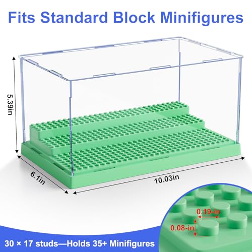 Image of Mlikero Display Case for Minifigures Action Figures Blocks, Clear Acrylic Minifigure Display Case Box Storage, Dustproof Showcase with 3 Movable Steps Gift for Kids, Green