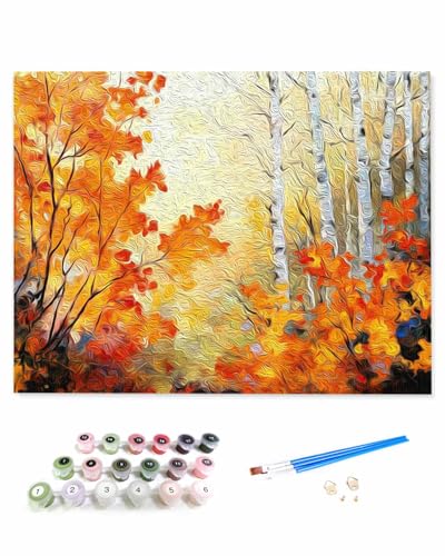 VamJump 数字油絵 手塗り 秋 水彩画 油絵 木 木の葉 風景 DIY絵 初心者 時間をつぶす 壁飾り アートクラフト 絵画手芸キッ 絵の具をつける 塗りつぶし掛け 50x50cm