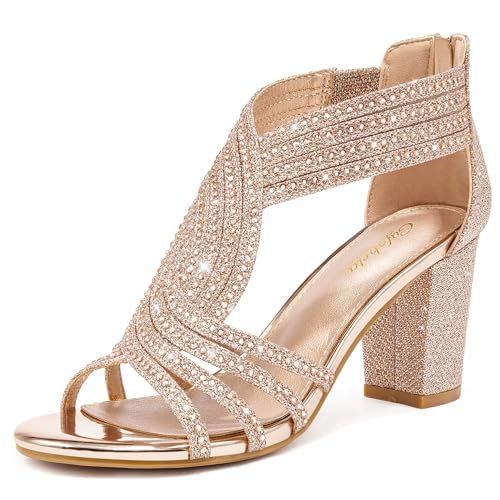 Gufobela Heels for Women Chunky Rhinestone Block Heeled Sandals Sparkly Open Toe Formal Dressy Shoes Wedding Prom Homecoming Hoco (1122 Champagne 8)