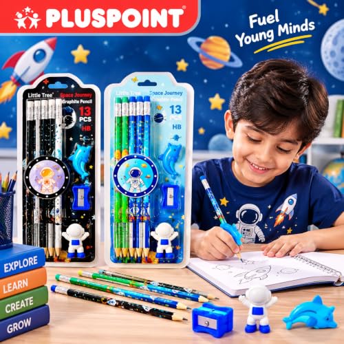 Image of PLUSPOINT 26 Pcs Space Theme 20 Pencils for Kids with 2 erasers 2 sharpeners 2 Grips Astronaut Space Design Perfect for Birthday Classroom and School Supply
