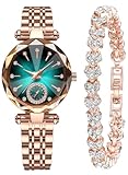 Women Watches with Bracelet Rose Gold for Lady Elegant Stainless Steel Strap Fashion Analog Creative Diamond Dial Women's Wrist Watches (Green)