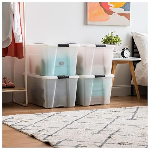 Image of IRIS USA 72 QT Plastic Storage Box with Lid and Latches - 8 Pack - BPA-Free, Discreet Organizing Solution, Durable Nestable Stackable Containers, Secure Pull Handle - Pearl