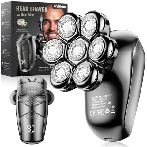 Head Shavers for Bald Men, Wyklaus Detachable Head Shavers 5-in-1 Electric Razor IPX7 Waterproof Dry Wet Shaving for Men Women,7D Rotary Shaver Grooming Kit with LED Display, USB Rechargeable Cover