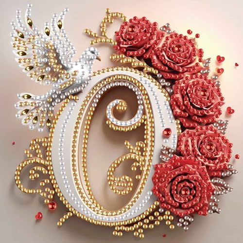 Image of AiYuanzsh 5D Diamond Art Kits for Adults Letter O, Ornamental Rose & Dove Special Shape Diamond Painting Kit, Luxury Alphabet DIY Crystal Rhinestones Diamond Art for Home Wall Decor 17x17cm