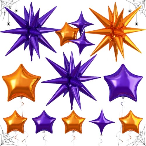 Image of Star Balloons Halloween Balloon Purple Orange Explosion Stars Balloon | 22 /18 /10 In Metallic Orange Purple Spike Stars Foil Balloon for Halloween Ghost Themed Birthday Gradution Party Decorations