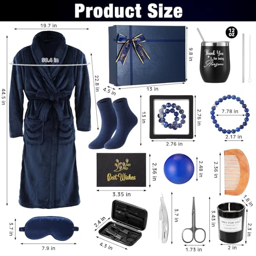 Nuogo 15 Pcs Birthday Gifts for Men Beard Care Set for Him Dad Birthday Gifts Basket Ideas Kit for Men Tumbler Bath Robe for Father's Day Dad Husband Boyfriend Box(Unhooded,Navy)