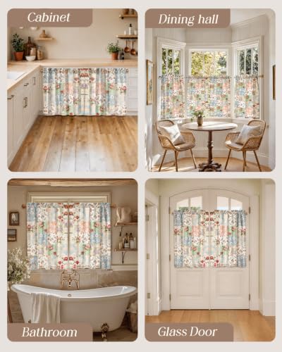 Image of Boho Kitchen Curtains - 36 Inch Length Linen Blend Vintage Floral Cafe Curtains Country Tier Curtain Short Drapes Rod Pocket for Bathroom Living Room Windows Light Filtering, 2 Panels