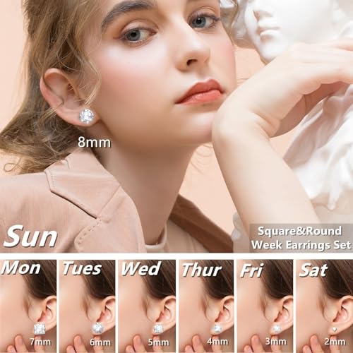 Square Round Diamond Stud Earrings Mix Match Set 7 Pairs Hypoallergenic Cubic Zirconia Diamond Titanium Stainless Steel Silver Rose Gold Black Square Round CZ Stud Earrings Jewelry Set for Women Men4