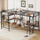 MERITLINE Metal L-Shaped Loft Bed for Two Kids Twin Size High Loft Bed Frame with Two Built-in Desks Underneath for Boys Teens, Black