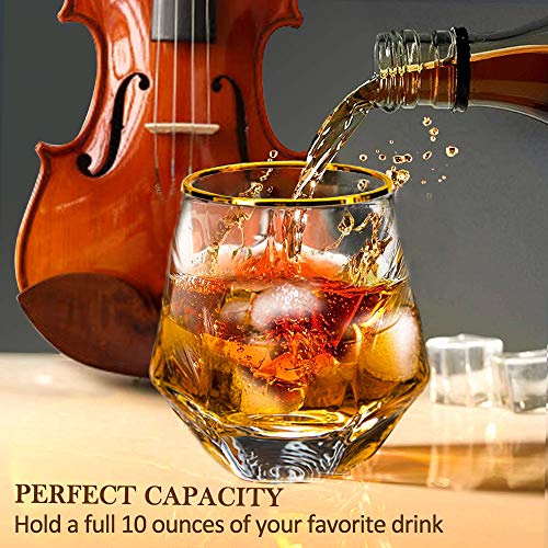 Diamond Whiskey Glasses, 4 Pcs Rocks Glasses Gold Banded Cocktail Drinkware For Rum, Scotch Or Wine Glasses, Tumblers Old Fashion Elegant Glass Unique Christmas New Year Father's Day Gifts (Clear) #TOP3