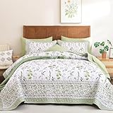WONGS BEDDING Floral Quilt Set King Size,Sage Green Bedspread Set with 2 Pillowcases, Microfiber Lightweight Flowers Botanical Coverlet Sets Farmhouse Bed Cover Bedding Sets for All Seasons (104