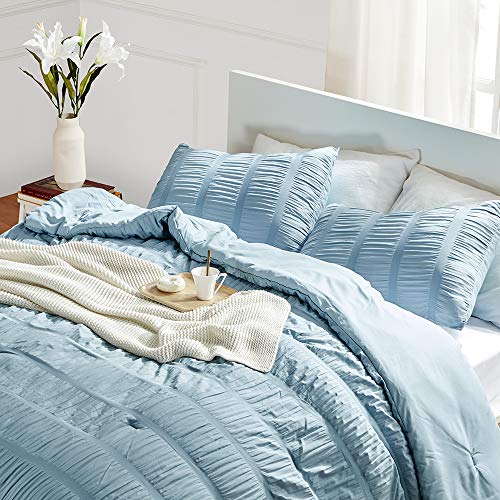Sleep Zone Luxury Seersucker Queen Comforter Set 3-Piece, Soft & Lightweight Down Alternative Bedding Comforter With Pillow Sham Cooling For Summer, Blue #TOP3