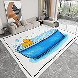 Teppich Maschinenwaschbar 160 x 230 cm Cartoon Ente Badewanne Schaum, Weich rutschfest & Fusselfrei, Großer Teppich für Flur Schlafzimmer Wohnzimmer Gastzimmer Esszimmer, Weiß