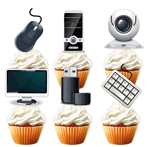 Black White Glitter Cupcake Topper Intelligence Computer Theme Decorations Boy Girl Happy Birthday Decor Supplies Set 18Pcs #TOP25