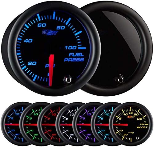 GlowShift Tinted 7 Color 100 PSI Fuel Pressure Gauge Kit - Includes Electronic Sensor - Black Dial - Smoked Lens - for Car & Truck - 2-1/16" 52mm