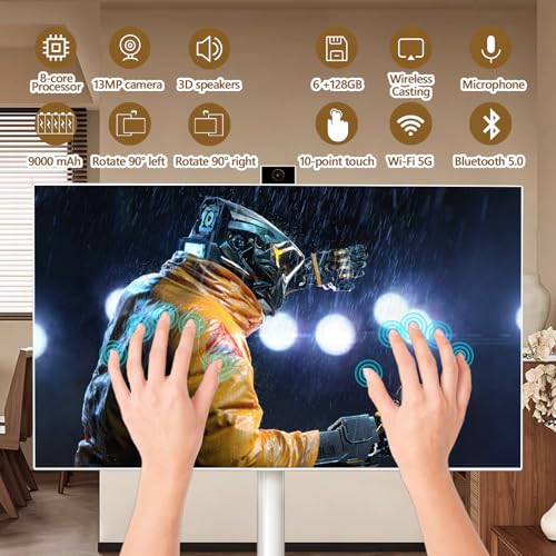 Image of 27 inch FHD Smart Portable TV, Rolling TV on Wheels, Android 15 OS, 6G +128GB Storage, Portable Touch Screen Monitor, 13MP Camera, Built-in Battery, 60Hz Refresh Rate, Full Swivel Rotation, Voice Remote