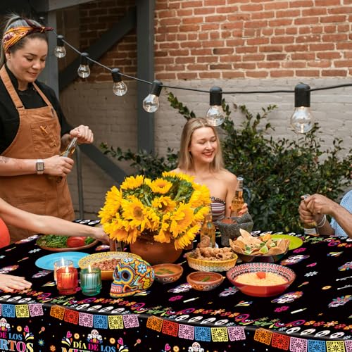 Image of Gistome 3-Piece 54 x 108 Inch Day of the Dead Plastic Tablecloth - Colorful Sugar Skull Disposable Table Cover for Dia de Los Muertos, Mexican Fiesta, and Halloween Party Decorations