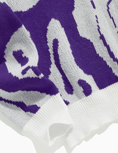 ZAFUL for Men Loose Knit Sweater Oversized Graphic Y2K Pullover Sweater Unisex Crewneck Casual Halloween Pullover Sweater Tops Purple M3