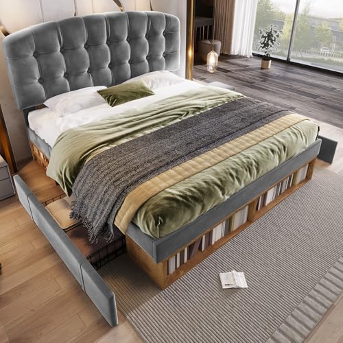 Cama doble de 140 x 190 cm tapizada de terciopelo con somier, estructura de cama con cabecero curvado regulable en altura, cama con cajones y espacio de almacenamiento, dormitorio tapizado sin colchón