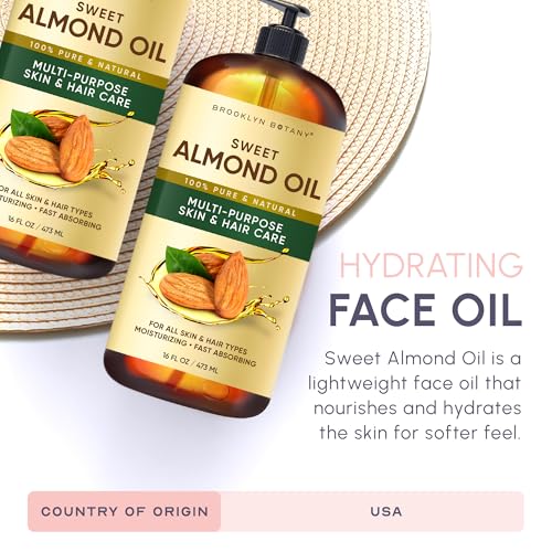 Image of Brooklyn Botany Sweet Almond Oil | 16 Fl Oz | Hair | Face | Body | 100% Pure and Natural | Carrier Oil | Aromatherapy | Massage | Ayurvedic Hair Care | Hexane-Free
