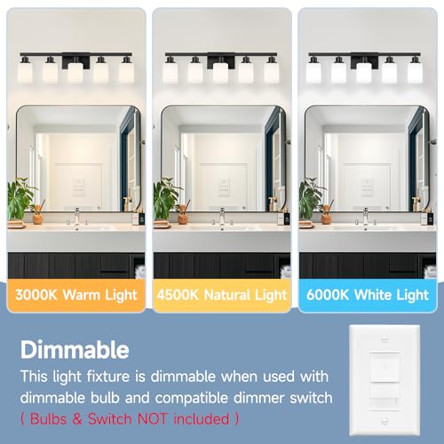 Image of 5-Light Bathroom Vanity Light, Modern Matte Black Bathroom Light Fixtures with Square Frosted Glass, Wall Sconces fixtures Over Mirror Restroom,Living Room Hallway E26