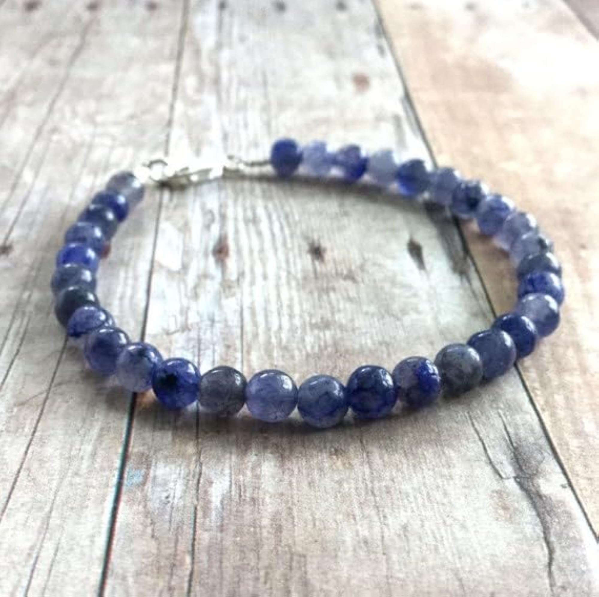 Iolite Round Beaded Bracelet with Silver Lock, Adjustable