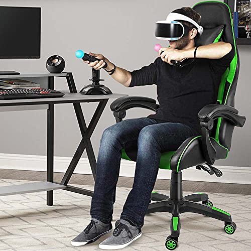 Sedia Poltrona Gaming Scrivana Ufficio Casa in Ecopelle Schienale Reclinabile Cuscino Lombare Poggiatesta Rotazione 360 Gradi Direzionale Altezza Regolabile Base 5 Ruote con Poggiapiedi (Verde) - Sedia gaming - Immagine 1