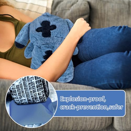 Fluffy Wärmflasche, Sti-tch Wärmflasche, Wärmf-lasche Kuscheltier, Cartoon Heißwasserflasche für Kinder, Hot Water Bag, Herausnehmbarer Innenbehälter, Handwärmer für Kinder & Erwachsene (Blau)