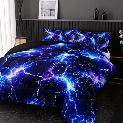 Image of Nttopship Blue Lightning Comforter Set Twin Size Bed in A Bag,Lightning Bedding Set for Teen Adult Blue Room Decor Ultra-Soft Lightweight Microfiber with 2 Pillowcases