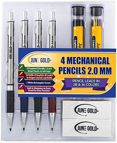 June Gold 4 Premium 2.0 mm 2B Mechanical Pencils, 36 Uniquely Colored Lead Refills, 36 2B Lead Refills, 2 Smudge Resistant Erasers, Built in Sharpeners & Soft Non-Slip Grip on Each Pencil