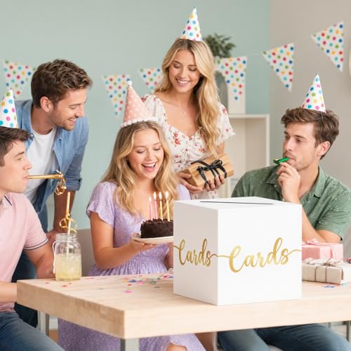 Image of OLANRUN Gift Card Box, 9 inch Graduation Gold Foil Card Box, White and Gold Party Decorations for Wedding, Birthday, Baby & Bridal Shower, Anniversary, Retirement