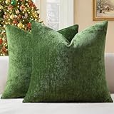 decorUhome Chenille Moss Green Fall Throw Pillow Covers 18x18 Inch Set of 2, Decorative Soft Couch Pillow Covers Solid Dyed Accent Velvet Farmhouse Neutral Square Christmas Pillow Cases for Sofa