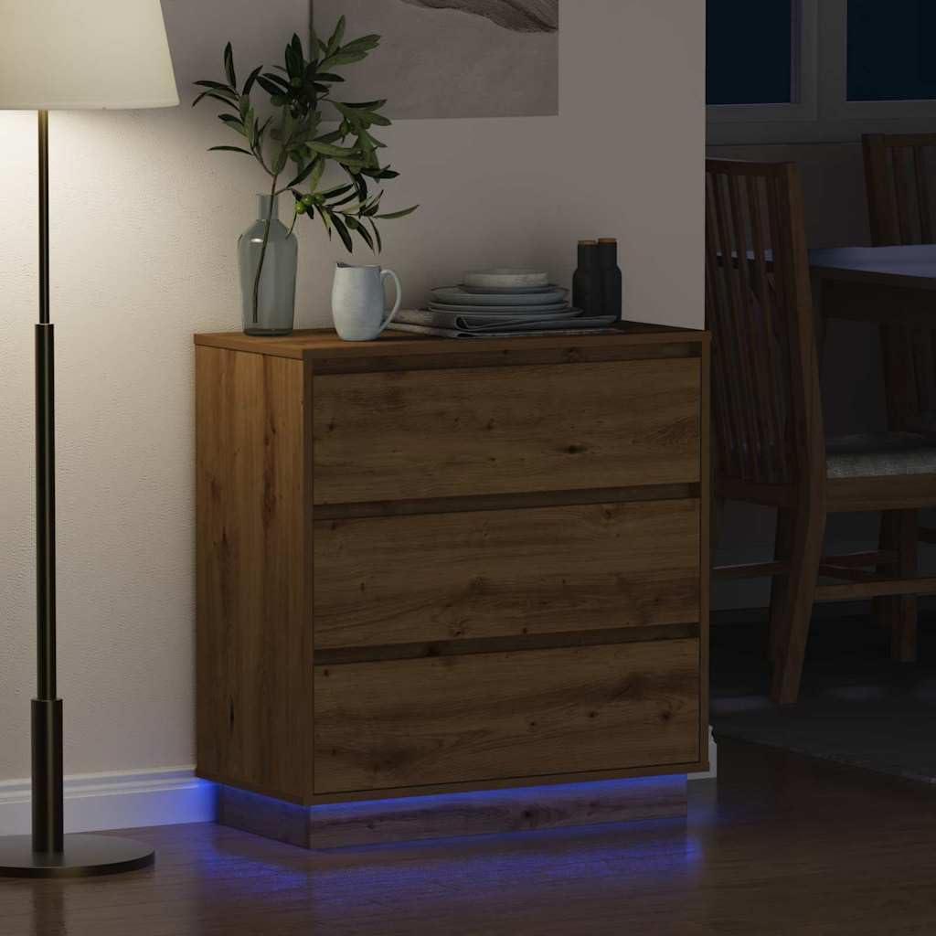 Nachttisch Artisan-Eiche 71 x 34,5 x 75 cm Holzwerkstoff mit LED-Lichterkette Beistelltisch, Schlafzimmer Organizer, Schubladen, Stauraum, moderner Fachkonsole für Schlafzimmer, Wohnzimmer