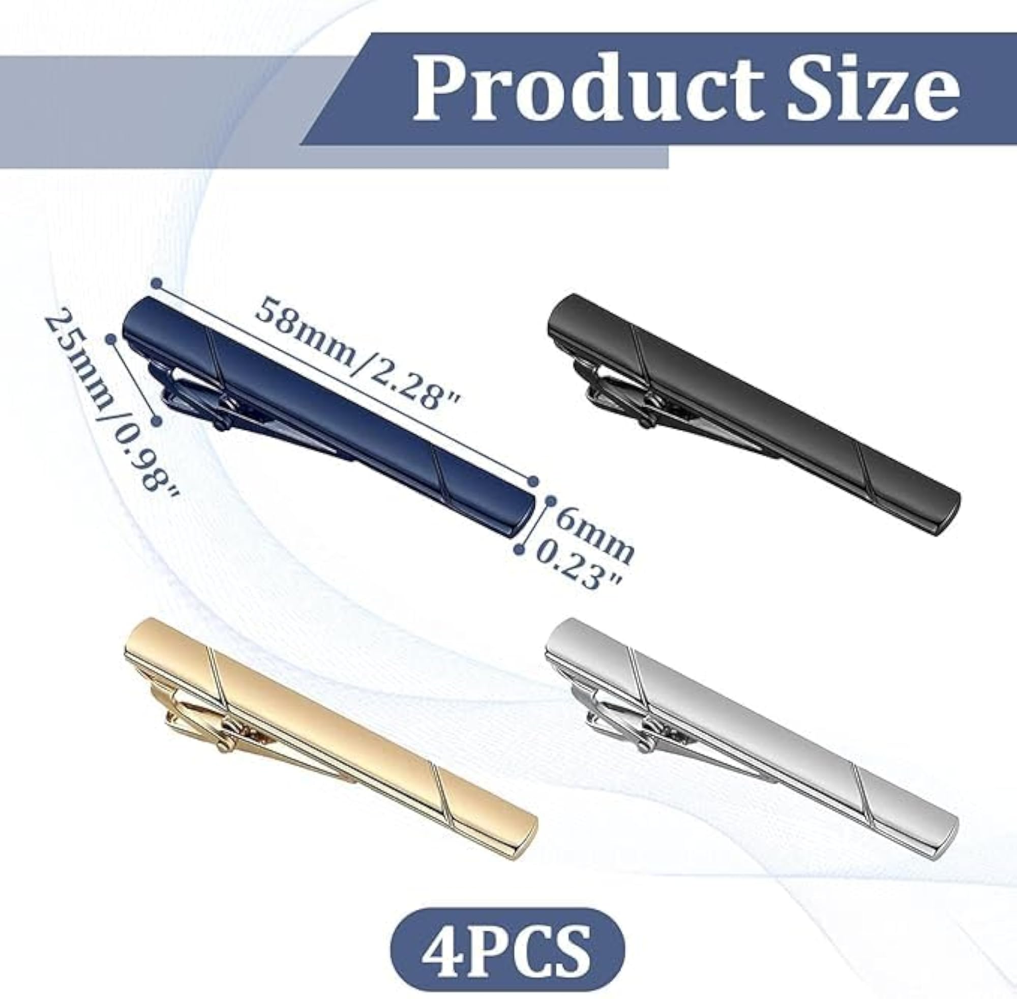 Set of 4 Silver Tie Clips for Men, Classic Business Style