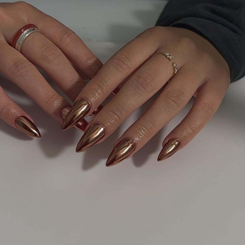 Mirror Metal Light Bronze Chrome Press on Nails Medium Almond Metallic Glue on, Acrylic Fake Press ons Thick Shiny Glazed False Stiletto Medium Length
