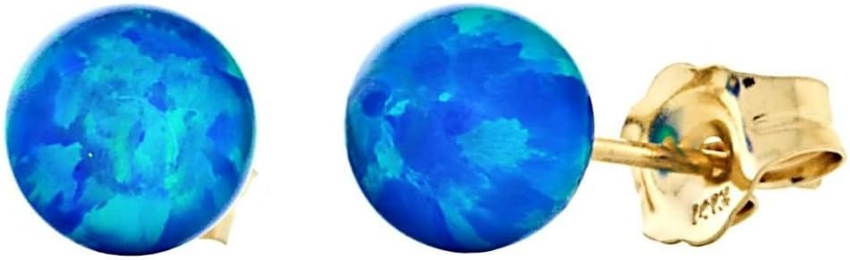 Oceans: 6mm Tropical Blue Created Opal Ball Stud Post Earrings, Solid 14k Gold