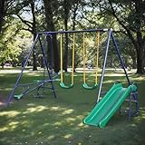 5 in 1 Swing Set for Backyard, Swingset Outdoor for Kids, Heavy Duty A-Frame Metal Swing Set with Slide, Teeter Totter, Glider and 2 Blet Swings
