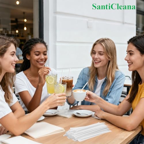 SantiCleana 100 Stück Biologisch Abbaubare Strohhalme, Einzeln Verpackt, 21 cm, -10℃ - 85℃, Pflanzenbasiert, Gerade, Weiß, Kompostierbar, BPA-frei
