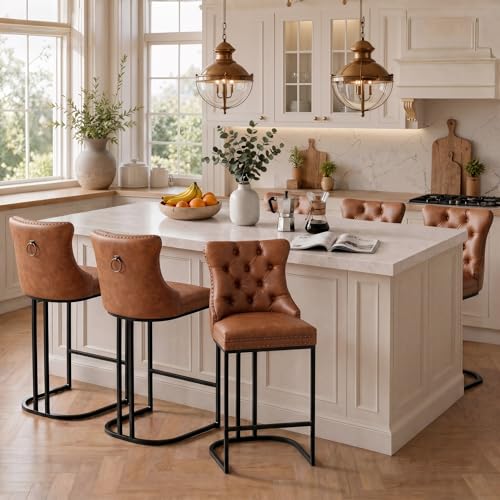 Image of UVV Counter Height Bar Stools Set of 6, 26 inch Modern Barstools with Back, Faux Leather Upholstery Counter Chairs with Metal Legs for Kitchen Island, Bar, Counter, Brown
