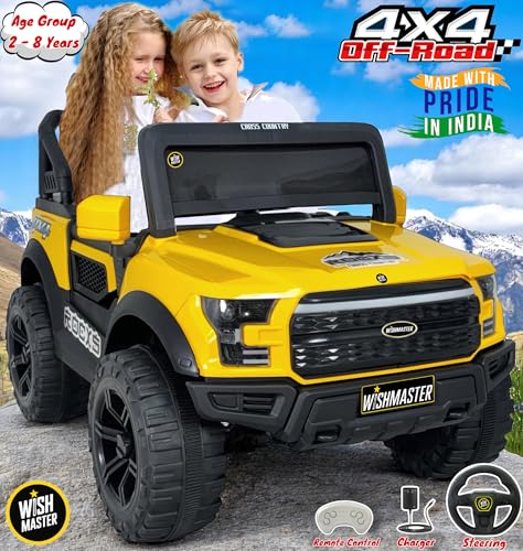 Image of Wishmaster Driving 4 Motor EV Cars for 1, 2, 3, 4, 5, 6 Years | Remote + Steering + Mobile App Control | Kids Jeeps (Medium Size F-Raptor [1-8 Year Kids], Yellow)