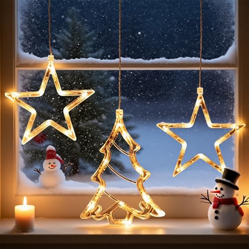 Aurevita Decoração de janela de Natal, 3 luzes LED para janela, 2 estrelas de cinco pontas, 1 árvore de Natal, funciona com pilhas com temporizador, decoração de janela com ventosa para uso em